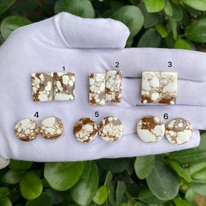 Op de afbeelding: Assortiment van witte en bruine turkoois cabochons in verschillende vormen. De collectie bevat rechthoekige, vierkante en ronde paren stenen. De stenen worden gepresenteerd op een wit oppervlak, waarbij hun natuurlijke patronen en kleuren worden benadrukt. Ideaal voor het maken van sieraden.