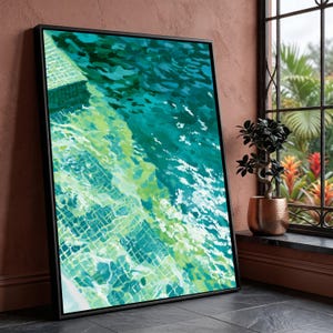 David Hockney-inspirerad poolmålning, ljusblå vattenduk, modern abstrakt väggkonst, sommarkänsla för pooldekor
