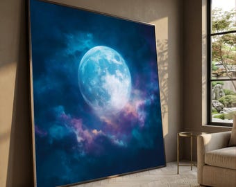 Mystical Full Moon Canvas Wall Art, Night Sky Decor, Celestial Blue Moon Print, Cosmic Clouds Canvas, Bedroom Wall Decoration
