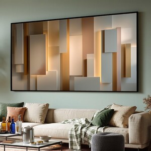 モダンな幾何学模様の抽象キャンバス、長方形のウォールアート、ニュートラルな色調の装飾、現代的なキャンバスアート、すぐに飾れます