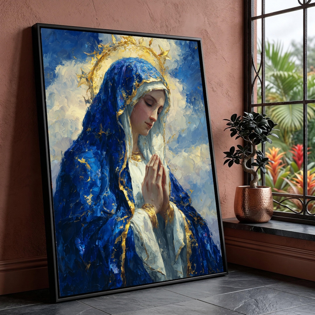 Praying Virgin Mary Canvas Wall Art, Blue and Gold Religious Painting ...