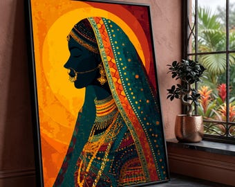 May include: Framed art print featuring a silhouette of a woman in traditional Indian attire. The artwork showcases a profile view with intricate gold jewelry and a teal and gold head covering against a vibrant orange and yellow background.