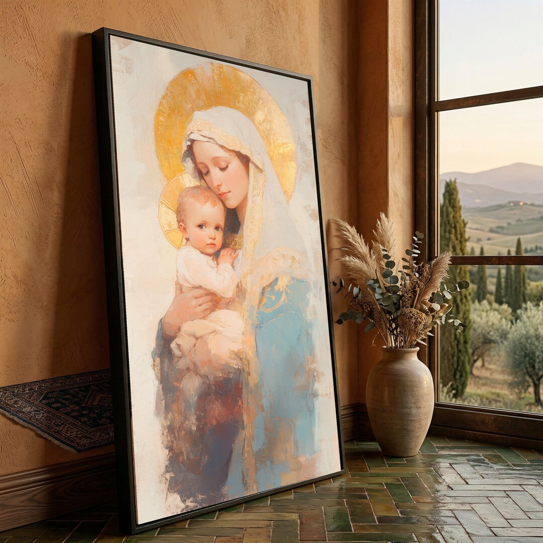 Sacred Madonna and Child Canvas Wall Art, Religious Icon Painting, Mary ...