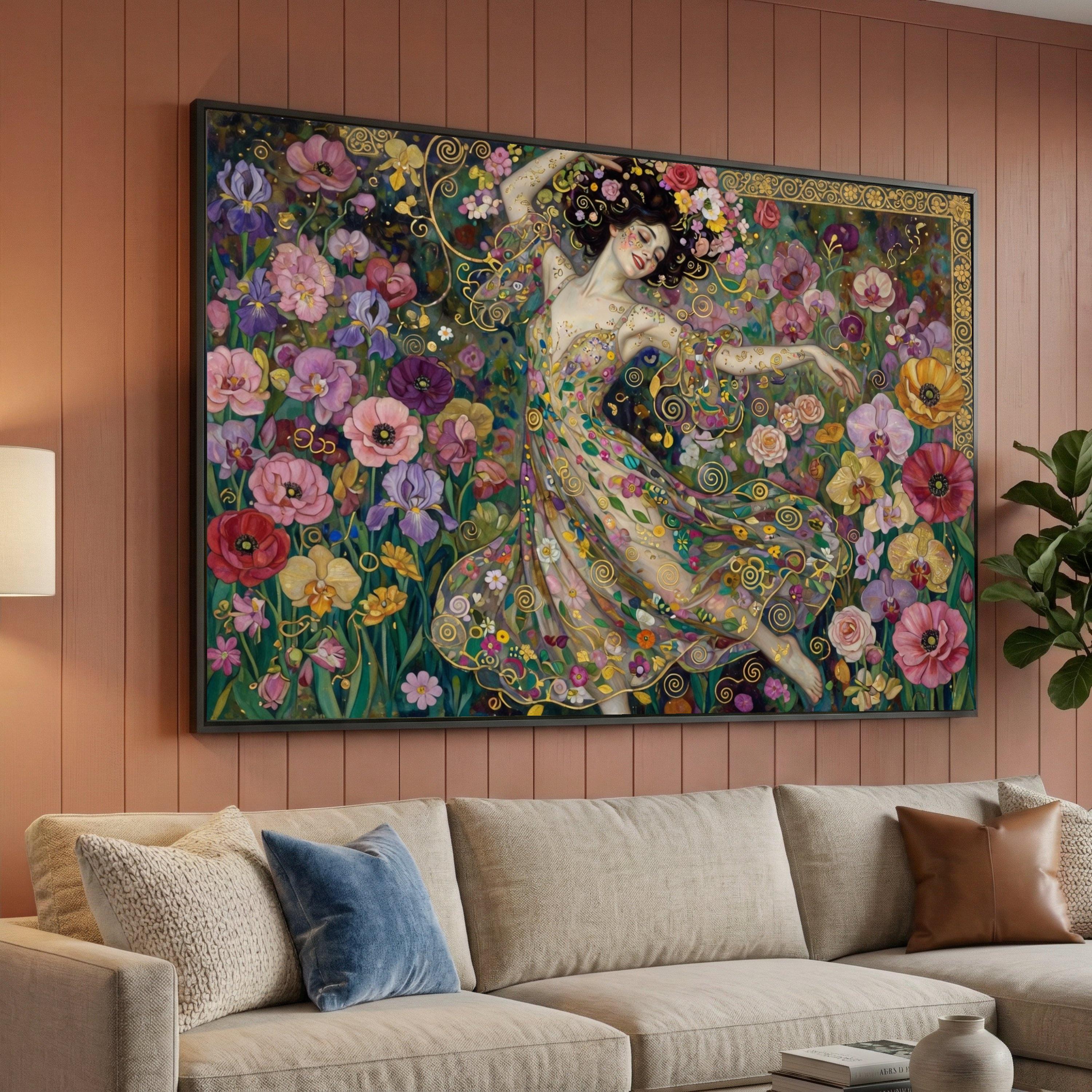 Floral Dance Woman Canvas Wall Art, Gustav Klimt Inspired, Colorful ...