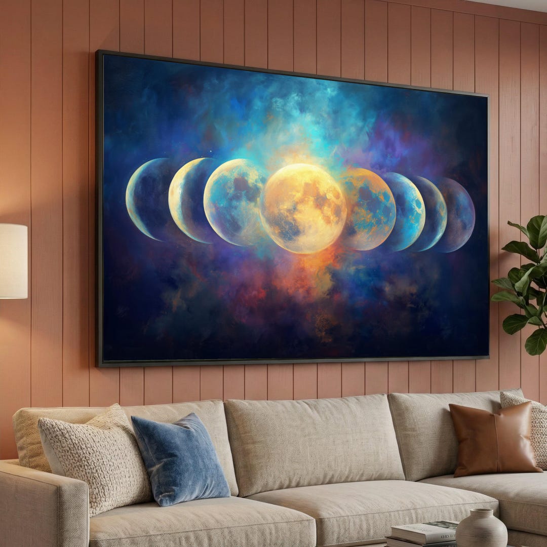 Cosmic Moon Phases Canvas Wall Art, Lunar Cycle Painting, Celestial ...