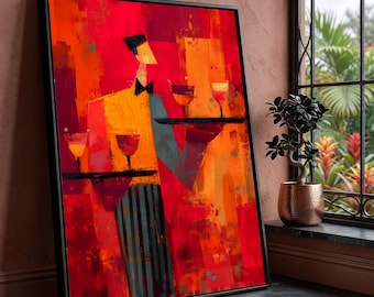 Modern Abstract Waiter Canvas, Vibrant Red Orange Artwork, Cocktail Glasses Wall Art, Contemporary Bar Scene, Canvas Home Decor