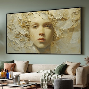 Retrato feminino elegante em tela, arte em impasto, decoração de parede moderna, tela em tons neutros, pintura contemporânea de rosto feminino.