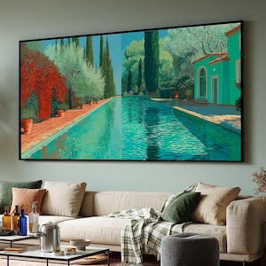 David Hockney Style Poolside Landscape Canvas, Modern Retro Wall Art, Vibrant Garden and Water Reflection, Contemporary Home Decoration