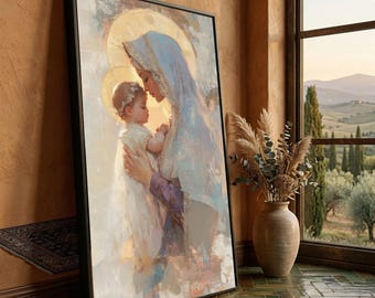 Tender Mother and Child Canvas, Religious Wall Art, Mary and Baby Jesus Painting, Spiritual Canvas Decor, Inspirational Christian Art
