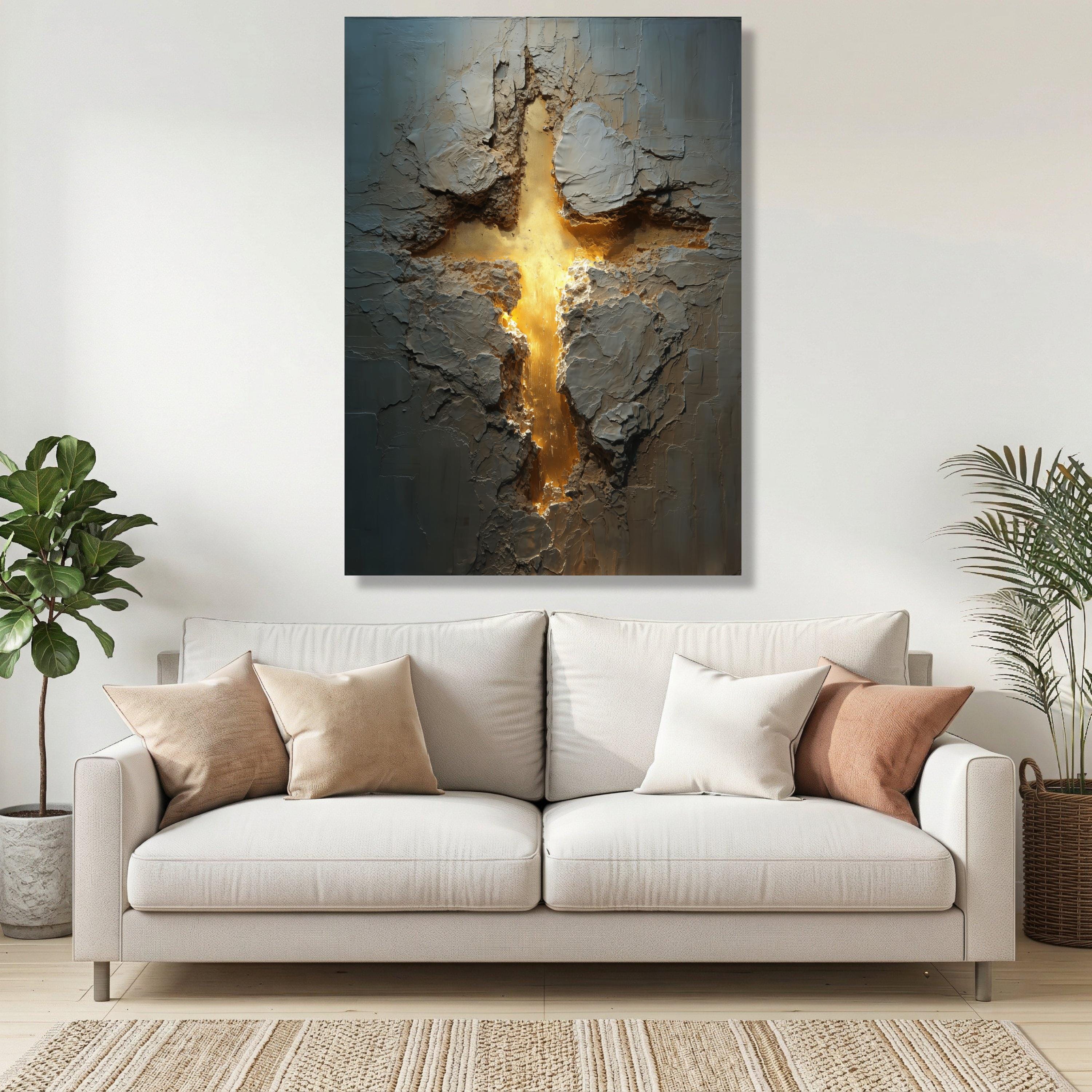 Illuminated Cross Canvas Wall Art, Abstract Religious Canvas, Gold