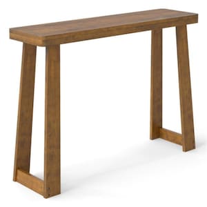 May include: A wooden console table with a rectangular top and angled legs. The table is made of a warm brown wood and has a simple, minimalist design. The table measures approximately 48 inches long.