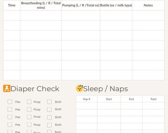 May include: A beige baby daily log sheet with sections for feeding, diaper checks, and sleep. The log includes spaces to record breastfeeding, pumping, bottle feeding, and notes. There are also sections for diaper checks and sleep schedules.