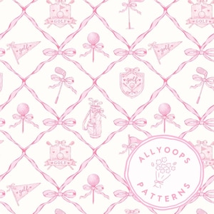 May include: A repeating pattern featuring pink golf-themed illustrations on a white background. The design includes golf balls on tees, golf clubs, flags, golf bags, and decorative bows. The word "GOLF" is present in several elements.