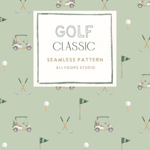 Può includere: Un motivo continuo con illustrazioni ad acquerello di golf cart, mazze, palline su tee e bandiere con il numero 9 su sfondo verde chiaro. Un quadrato bianco centrale contiene il testo GOLF CLASSIC SEAMLESS PATTERN ALLYOOPS STUDIO.