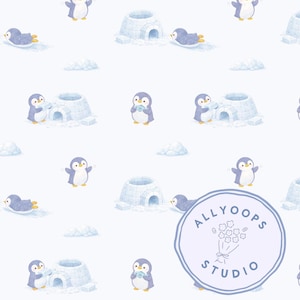 May include: A repeating pattern featuring cartoon penguins, igloos, and clouds on a white backdrop. The penguins are depicted in various poses, including sliding, holding fish, and standing. The image has a soft, watercolour style.