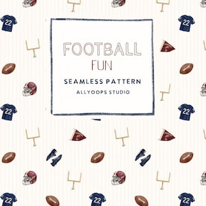 May include: A seamless pattern featuring watercolor illustrations of brown footballs, maroon helmets, blue jerseys with the number 22, gold goalposts, and pennants on a white background. A central square frame contains the text FOOTBALL FUN SEAMLESS PATTERN ALLYOOPS STUDIO.