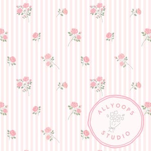 Puede incluir: Un patrón repetitivo de rosas rosas y hojas verdes sobre un fondo de rayas verticales rosas y blancas. El diseño incluye el texto "ALLYOOPS STUDIO" en un círculo rosa.