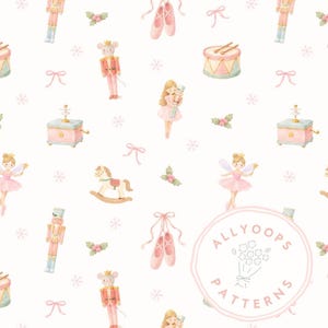 May include: A repeating pattern with watercolour illustrations of ballet-themed elements. The design includes pink ballet shoes, nutcrackers, fairies, music boxes, and bows on a white background. The overall theme is a whimsical, ballet-inspired design.