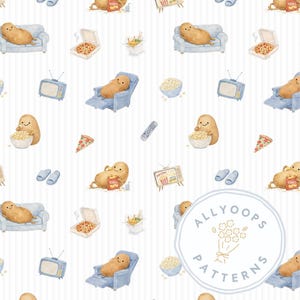 May include: A repeating pattern featuring cartoon potatoes enjoying leisure activities. Potatoes are shown relaxing on blue sofas and recliners, eating popcorn, pizza, and chips, and watching TV. Other elements include TV sets, remote controls, and slippers.