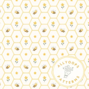 Könnte beinhalten: Ein sich wiederholendes Muster mit gelben Bienen, Blumen und Wabenformen auf cremefarbenem Hintergrund. Das Design enthält ein rundes Logo mit dem Text "ALLYOOPS PATTERNS". Das Gesamtthema ist ein fröhliches, von der Natur inspiriertes Design.