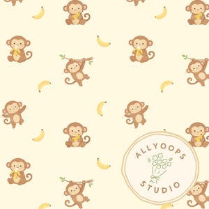 May include: A repeating pattern of cartoon monkeys and bananas on a light yellow background. The monkeys are brown with yellow accents, some holding bananas. The image includes the text "ALLYOOPS STUDIO" in a circular logo.