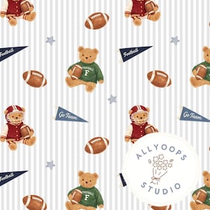 May include: A repeating pattern featuring teddy bears in football uniforms and helmets, holding American footballs. The bears are in red and green outfits. The background has grey and white stripes, with footballs, pennants, and stars.