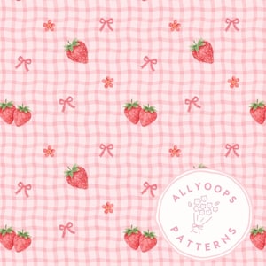 May include: A repeating pattern of strawberries, bows, and small flowers on a pink gingham background. The design includes red strawberries with green stems, pink bows, and tiny pink flowers. The text "ALLYOOPS PATTERNS" is in a white circle.