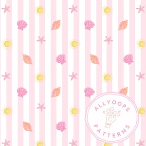 以下が含まれることがあります： ピンクの貝殻、ヒトデ、黄色の太陽がピンクと白のストライプの背景に繰り返されるパターン。デザインには「ALLYOOPS PATTERNS」というテキストのロゴが含まれています。
