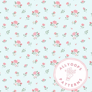 May include: A light blue floral pattern featuring pink roses and green leaves. The design includes a repeating pattern of rose bouquets and individual flowers, with a circular logo in the bottom right corner that reads "ALLYOOPS PATTERNS".