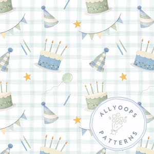 May include: A repeating pattern featuring birthday cakes, party hats, star shapes, and pennant banners in shades of blue, green, and yellow. The design includes a grid-like background and a circular logo with the text "ALLYOOPS PATTERNS".