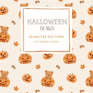 Puede incluir: Un patrón continuo con ositos de peluche marrones sentados dentro de calabazas de Halloween naranjas, bellotas y hojas de otoño sobre un fondo de cuadros beige claro. Un recuadro blanco central muestra el texto HALLOWEEN BEARS SEAMLESS PATTERN ALLYOOPS STUDIO.