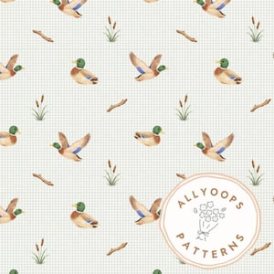 May include: A repeating pattern featuring watercolor illustrations of ducks, cattails, and twigs on a light blue and white checkered background. Some ducks are in flight, others are at rest. The text "ALLYOOPS PATTERNS" is in a circle.