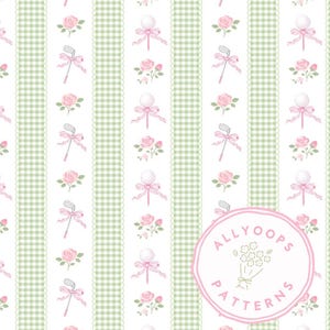 May include: A repeating pattern featuring golf clubs, golf balls on tees, and pink roses on a white background. The design includes vertical stripes of green gingham and scalloped edges, with a pink circular logo that reads "ALLYOOPS PATTERNS".