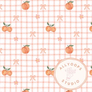 May include: A repeating pattern featuring peaches, bows, and flowers set against a pink and white gingham backdrop. The peaches are a light orange with green leaves. Soft pink bows and flowers are scattered throughout. The image includes the text "ALLYOOPS STUDIO" in a circular logo.