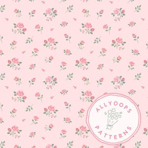 May include: A pink floral pattern featuring clusters of pink roses and green leaves scattered across a light pink background. The design includes a circular logo with the text "ALLYOOPS PATTERNS".