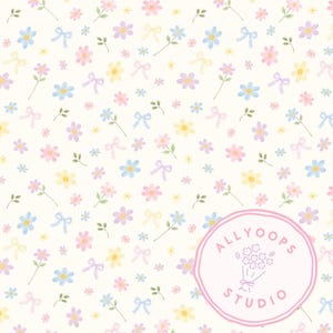 Könnte beinhalten: Ein pastellfarbenes Blumenmuster mit verstreuten Blumen, Schleifen und Blättern in Rosa, Gelb, Blau und Lila auf cremefarbenem Hintergrund. Das Design enthält ein rundes Logo mit dem Text "ALLYOOPS STUDIO".