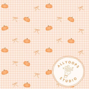 May include: A repeating pattern of orange pumpkins and bows on a peach and white gingham background. The design includes a circular logo with the text "ALLYOOPS STUDIO". The overall theme is autumn or fall.