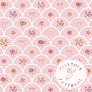 May include: A repeating pink floral pattern with scalloped edges, featuring flowers, bows, and stars. A circular logo with the text "ALLYOOPS PATTERNS" and a bouquet illustration is included. The design has a delicate, feminine aesthetic.