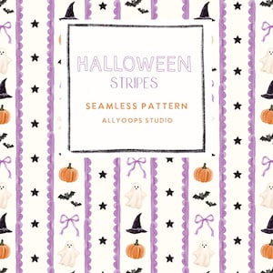 Peut inclure: Un motif sans couture avec des rayures verticales et des bordures festonnées violettes. Le design présente des illustrations de citrouilles orange, de fantômes blancs, de chapeaux de sorcière noirs, d'étoiles noires, de nœuds violets et de chauves-souris noires sur un fond crème.