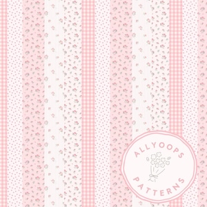 May include: A repeating pattern with vertical stripes in pink and white. The design includes gingham, polka dots, and floral prints. A circular logo with the text "ALLYOOPS PATTERNS" is in the lower right corner.