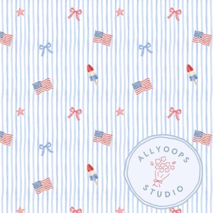 May include: A watercolour pattern with American flags, red, white, and blue ice lollies, bows, and stars on a blue and white striped background. The design includes the text "ALLYOOPS STUDIO" in a circular logo.