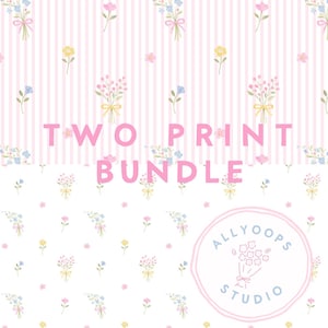 May include: Two print bundle with floral designs. One pattern has pink stripes with bouquets and flowers. The other has a white background with scattered flowers and bouquets. The text "TWO PRINT BUNDLE" is in pink.