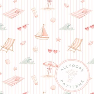 May include: Watercolor beach-themed pattern with pink and white striped background. Features illustrations of sailboats, beach umbrellas, sunglasses, seashells, beach towels, waves, and sunscreen. The text "ALLYOOPS PATTERNS" is in a circle.