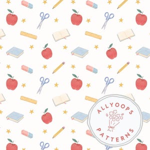 Peut inclure: Motif répétitif d'illustrations sur le thème de l'école sur fond blanc. Le motif comprend des pommes rouges, des livres bleus, des crayons jaunes, des gommes roses, des règles jaunes, des ciseaux et des étoiles dorées. Le texte "ALLYOOPS PATTERNS" est dans un logo circulaire.