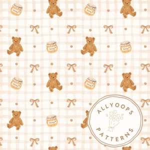 May include: A repeating pattern featuring brown teddy bears, honey jars, and bows on a light beige checkered background. The design includes small brown dots and is suitable for various craft projects.
