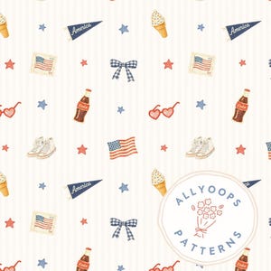 May include: A repeating pattern featuring patriotic imagery. The design includes American flags, stars, sneakers, ice cream cones, heart-shaped sunglasses, soda bottles, and pennants with the word "America". The color palette is red, white, and blue.