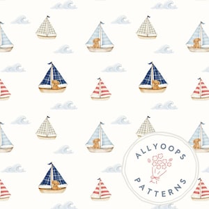 May include: Watercolor pattern featuring sailboats with dogs, waves, and a variety of sail designs in blue, red, and white. The pattern is set against a cream background. The image includes the text "ALLYOOPS PATTERNS".