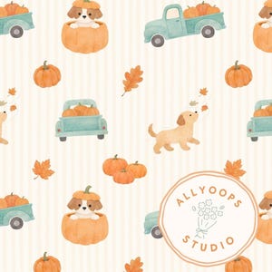 May include: A repeating pattern featuring watercolor illustrations of pumpkins, light blue trucks filled with pumpkins, dogs, and autumn leaves on a cream background. The design includes the text "ALLYOOPS STUDIO" in a circular logo.