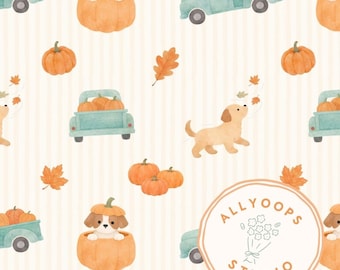 Fall Trucks and Puppies Seamless Pattern