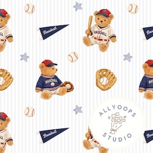 May include: A repeating pattern featuring teddy bears in baseball uniforms, baseballs, gloves, pennants, and stars on a white background with vertical stripes. The bears wear red caps and hold bats or baseballs. The pennants read "Baseball".